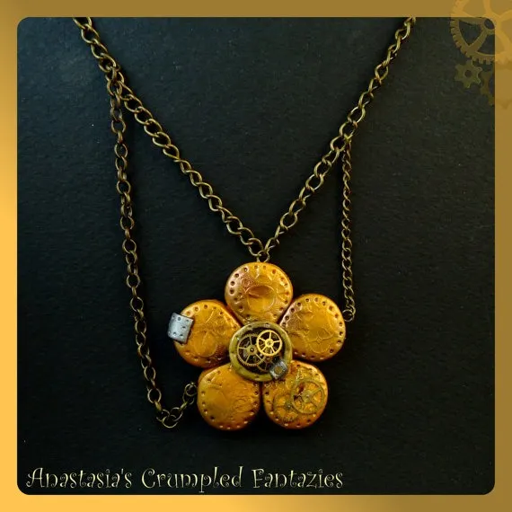 Gold steampunk clockwork flower polymer clay gears necklace, Clock parts, Statement pendant, Watch contraption jewelry, Whimsical fantasy by CrumpledFantazies steampunk buy now online