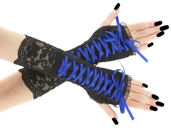 Blue black fingerless mittens, lace arm warmers in gothic, burlesque lolita vampire women evening gloves, gothic wedding steampunk 55C by FashionForWomen steampunk buy now online