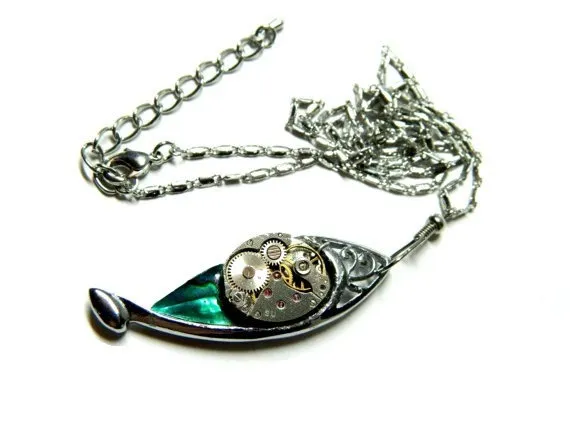 Blue green enamel steampunk jewelry silver colored necklace "Hooked on the hook", great birthday gift zodiac fish, astrological sign Pisces by EmilySteampunk steampunk buy now online