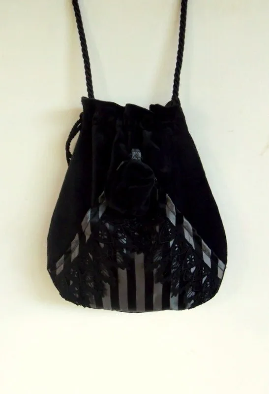Black Velvet And Lace Pocket Boho Bag Taffeta Drawstring Bag Bohemian Bag Crossbody Purse by piperscrossing steampunk buy now online