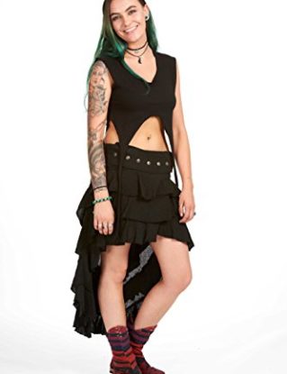Goa Goddess Skirt, High Low Psy Trance Boho Skirt, Bohemian Ruffle Doof Skirt, Gothic Festival Linen Skirt, Hippie Hippy Steampunk Clothing (Black) steampunk buy now online