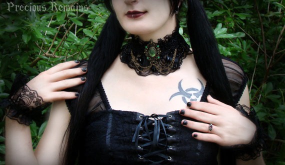 Set: Absinthe Gothic Lace Choker and Wrist Cuffs / Emerald Green Goth Lolita Steampunk Necklace with Elegant Wrist Cuffs Victorian by PreciousRemains steampunk buy now online
