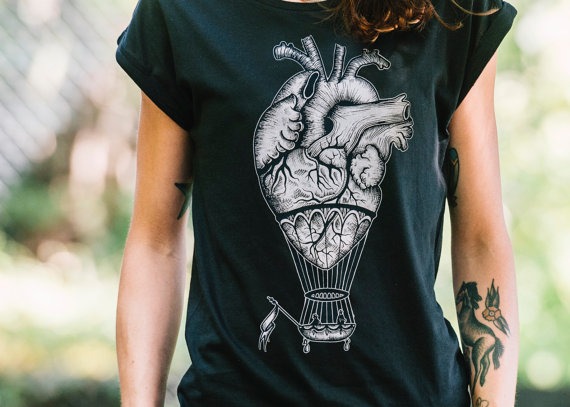 women's tshirt, Anatomical heart shirt, hot air balloon t-shirt, steampunk clothing, alternative clothing, medical oddities, girlfriend gift by hardtimesdesign steampunk buy now online