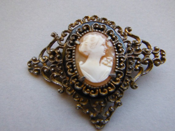 Filigree Carved Shell Cameo Collar Brooch Pin by WhimsicalFig steampunk buy now online