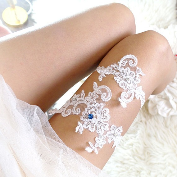 Something Blue Rhinestone White Lace Applique Wedding Garter Set, Luxury Bridal Garter Belt Honeymoon Keepsake Toss Sexy by ChihiroBridal steampunk buy now online