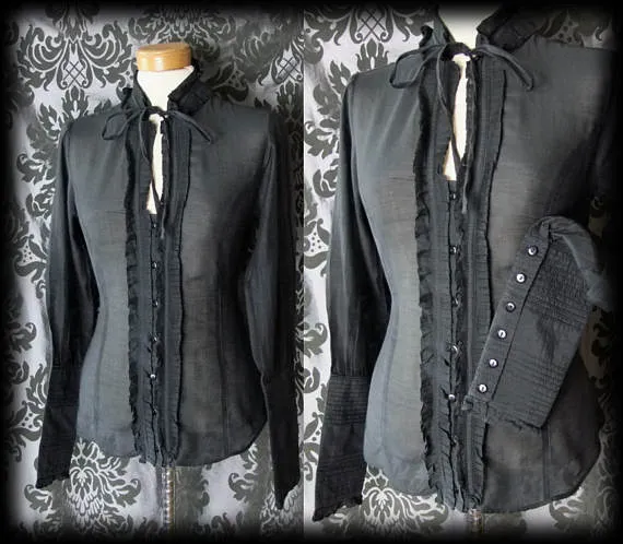 Goth Black Frilled High Neck VICTORIAN GOVERNESS Deep Cuff Blouse 8 10 Steampunk by AusterexxDevotion steampunk buy now online