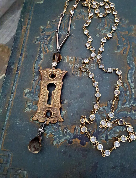 Long Crystal Chain Vintage Keyhole Necklace, Assemblage Antique Hardware Bronze, Long Pendant Necklace, Smoky Quartz Brown Stone Pendant by ViaLove steampunk buy now online