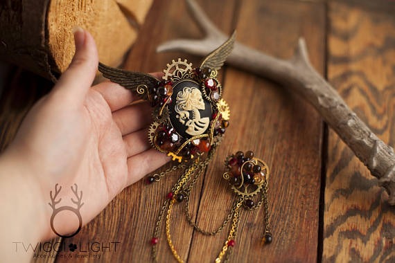 Steampunk Clock Brooch- Steampunk Jewelry Day Of The Dead Cameo Double Brooch With Bronze Wings by TwiggiLight steampunk buy now online