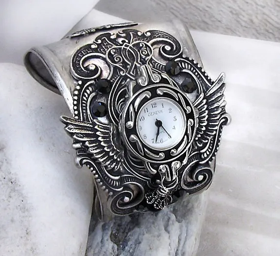 Gothic Watch silver cuff bracelet black rhinestones gothic Jewelry wristwatch women watches mens cuff watch bracelet Wings Analog watch wife by Aranwen steampunk buy now online