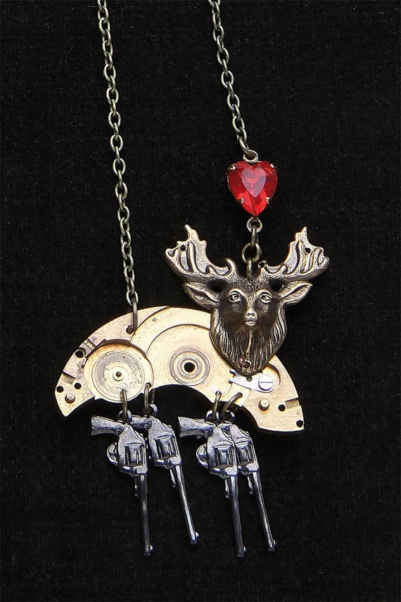 Necklace with deer head, watch mechanisms, red heart, steampunk by Confidentiel steampunk buy now online
