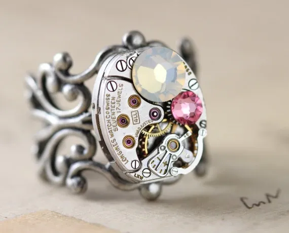 Steampunk Ring Opal Ring Pink Ring Unique Ring Swarovski Crystal Ring Watch Ring October Birthstone Steam Punk Jewelry Filigree Adjustable by inspiredbyelizabeth steampunk buy now online