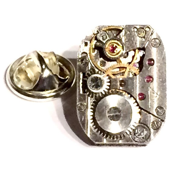 SALE Watch Movement Accessory- Mens Tie Tack OR Unisex Pin, Vintage Clock Parts Gears Jewels- Mans Handcrafted Gift Idea- Father Husband by Lynx2Cuffs steampunk buy now online