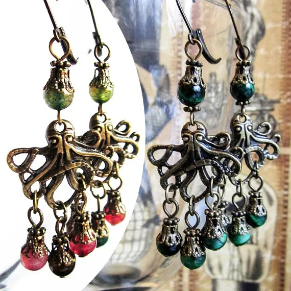 Octopus Earrings, Steampunk Earrings, Octopus Steampunk Jewelry, Gemstone Tiger's Eye or colorful Quartz, Dangling Earrings by Lumissa steampunk buy now online