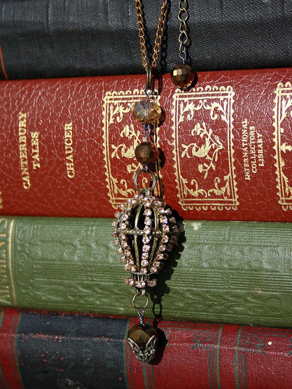 Hot air balloon necklace gold rhinstone chain steampunk style 3D pendant necklace by SaqqaraLilyDesigns steampunk buy now online