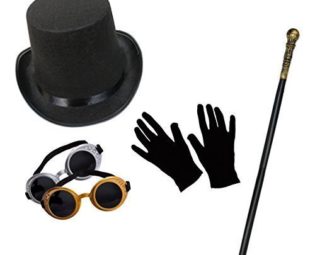 Unisex Steampunk Fancy Dress Set (Top Hat, Goggles, Cane & Short Black Gloves) steampunk buy now online