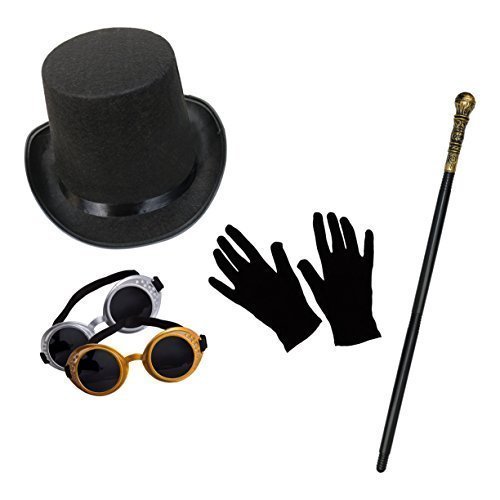 Unisex Steampunk Fancy Dress Set (Top Hat, Goggles, Cane & Short Black Gloves) steampunk buy now online