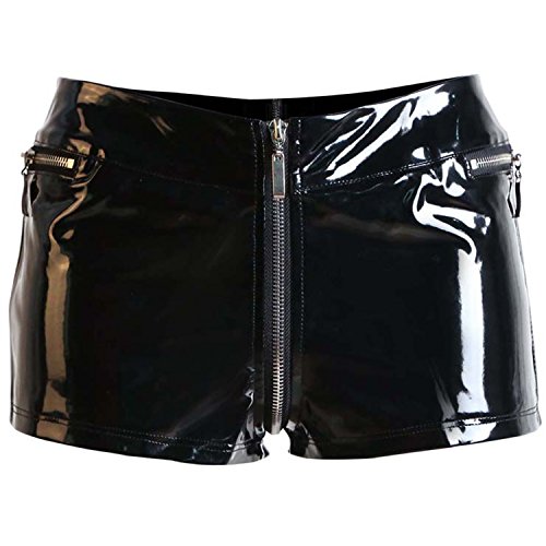 Kimring Women's Sexy Punk Latex Look PVC Faux Leather Short Pants Front to Back Zipper Crotch Black X-Large steampunk buy now online