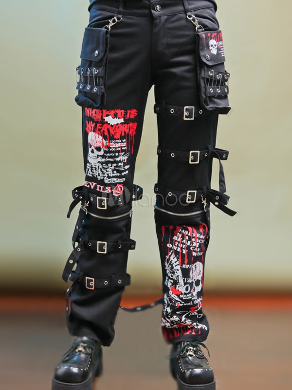 Steampunk Black Cotton Lolita Pants Printed Pockets Buckles steampunk buy now online