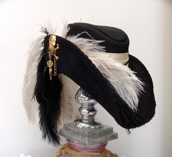 Black leather Steampunk skull & crosshones Cavalier musketeer hat by Blackpin steampunk buy now online