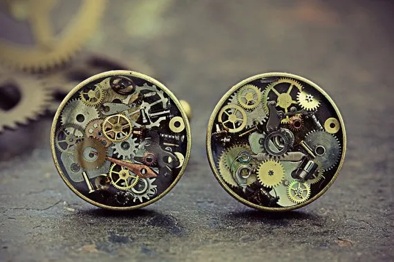 Steampunk Watch Part Cufflinks Steam Punk Jewelry For Men Round Cuff Links Eco Friendly Resin Cyberpunk Recycled Upcycled Gears Cogs Bronze by TheCreakingDoor steampunk buy now online