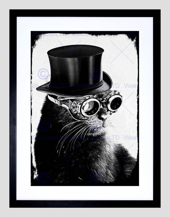 Photo Painting Fielding Steampunk Cat Grey Xmas Art Print Poster FEHP110 by WeeBlueCooPrints steampunk buy now online