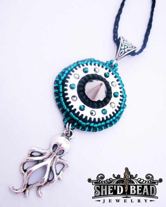 Steampunk necklace - Steampunk pendant - Octopus steampunk jewelry - Spike bead jewelry - Green bead jewelry - Elegant evening jewelry by ShedBead steampunk buy now online