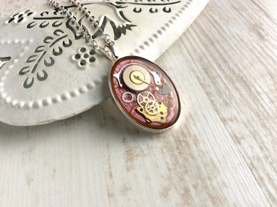 Pink Steampunk Necklace. Oval Pendant. Steampunk Pendant. Resin Necklace. Handmade Necklace. Vintage Necklace. Steampunk Jewelry. by OneDottyDuck steampunk buy now online