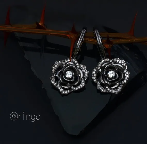 Rose earrings Sterling silver, black rose, SLEEPING BEAUTY, Steampunk weddings, Drop Dangle rose earrings, rose steampunk, Leverback clasp by OringoWorld steampunk buy now online
