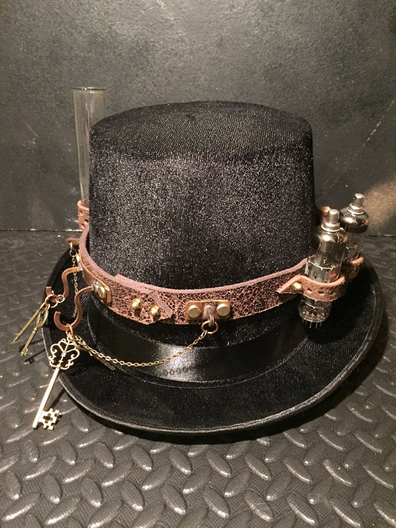 Steampunk Top Hat, Distressed Leather Band With Mini Apothecary Jars, Vintage Valves, Test Tube, Brass Cogs Vintage Style Keys by Steampunkbyben steampunk buy now online