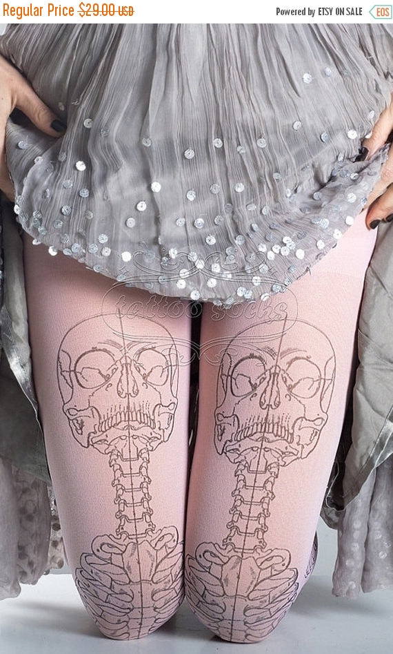ON SALE/// Skeleton tattoo tights, medical anatomy illustration black and light pink full length printed tights, pantyhose, nylons, tat by tattoosocks steampunk buy now online