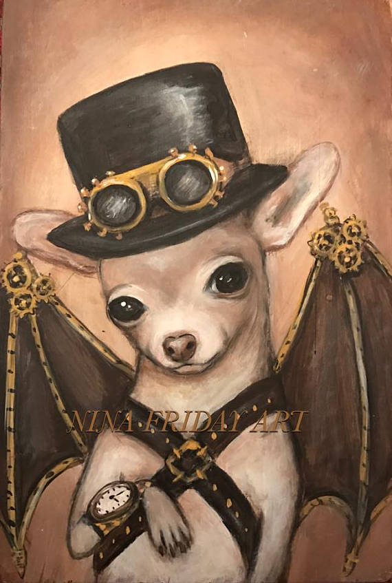 NACHO the Amazing Flying Dog Steampunk lowbrow print by NINA FRIDAY by ninafriday steampunk buy now online
