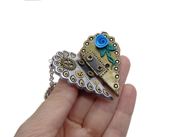 Fimo Heart, Victorian Jewelry, Steampunk Jewelry, Romantic Necklace, Steampunk Necklace, Clay Heart, Polymer Clay Jewelry, Girlfriend Gift by GizPins steampunk buy now online