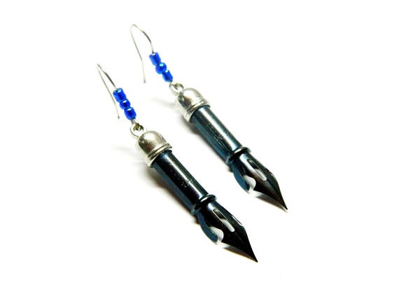 Ink & Silver Steampunk dangle earrings, blue-green fountain dip pens, tiny pearls, real pen nib, calligraphy, unique surprise birthday gift by EmilySteampunk steampunk buy now online