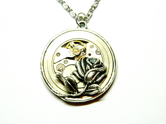Steampunk necklace "The Eye of Rose", handmade decorated, antique silver pendant, big clockwork, unique gift for women, engagement, wedding by EmilySteampunk steampunk buy now online