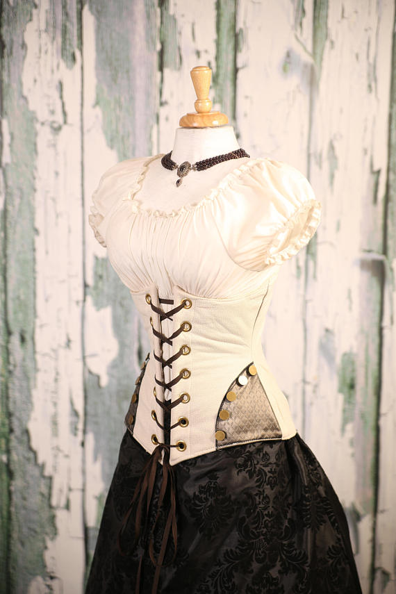 Waist 36-38 Ivory Faux Leather Wench Corset with Hipster Patch by damselinthisdress steampunk buy now online