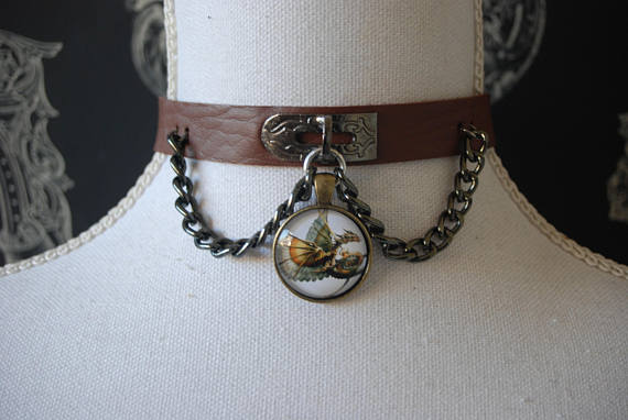 Steampunk dragon choker, brown faux leather chain choker necklace - punk, gothic, lolita by Spritejewelry steampunk buy now online