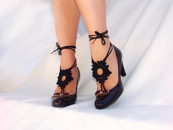 Black Crochet Barefoot Sandals, Nude shoes, Foot jewelry, Gothic, Victorian, Lace, Sexy, Yoga, Anklet, Steampunk, Beach Pool by Lasunka steampunk buy now online