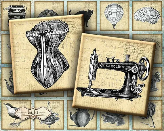 Vintage Stamps - Steampunk - 1 x 1 inch - square images - magnet - pendant - printable images - vintage illustration - digital collage sheet by LuluDesignArt steampunk buy now online