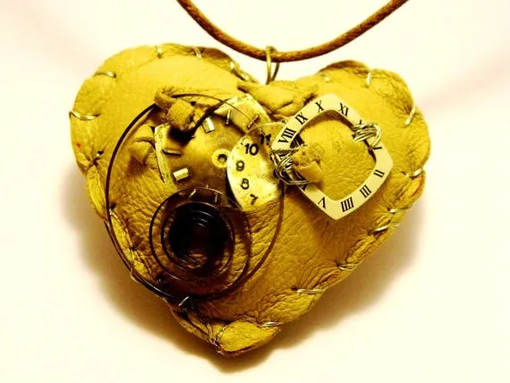 Big heart pendant, Steampunk jewelry handmade necklace "The Wounded Heart", hand-sewn genuine caramel colored leather, spring, watch dials by EmilySteampunk steampunk buy now online