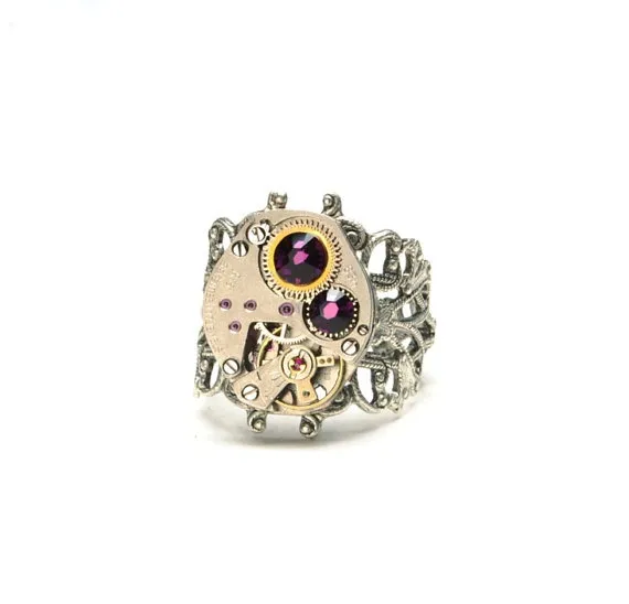 FEBRUARY Steampunk Ring AMETHYST Steampunk Jewelry Silver Watch Filigree Ring Size 6 to 11 Victorian Steampunk Jewelry VictorianCuriosities by VictorianCuriosities steampunk buy now online
