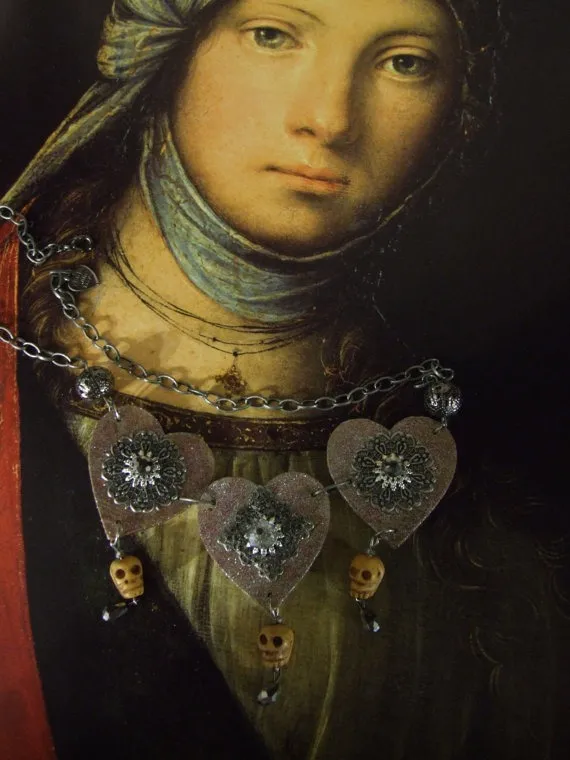 Steampunk Valentine Hearts and Skulls Bib Statement Necklace / Folk Art Necklace / Skull Jewelry / Victorian Style / Bone Jewelry by MajesticMenagerie steampunk buy now online