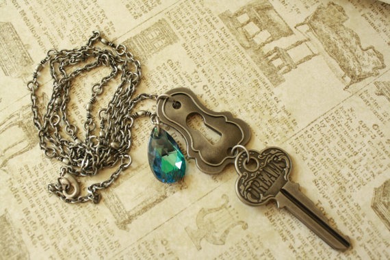 DREAMS Long antique silver lock and key necklace, aquamarine vitrail Swarovski teardrop jewel, steampunk, industrial chic, junk chic, gift by AJCjewelrycreations steampunk buy now online