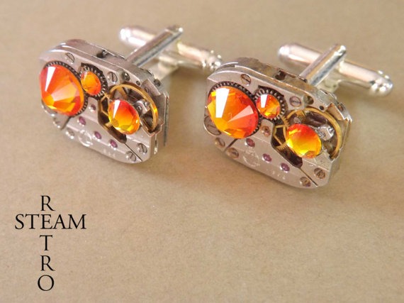 10% off sale17 - Steampunk Swarovski fire opal Cufflinks Vintage watch movements. wedding cufflinks Vintage upcycled mens - Christmas gift by SteamRetro steampunk buy now online