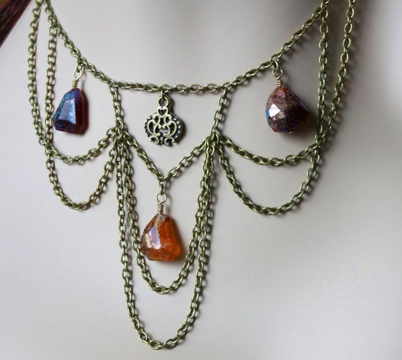 Chain Necklace, Jewelry Set, Victorian Choker, Steampunk Necklace, Antique Bronze Chain, Hessonite Garnet, Womens Jewelry, Wedding Jewelry by GabrielleAngelic steampunk buy now online