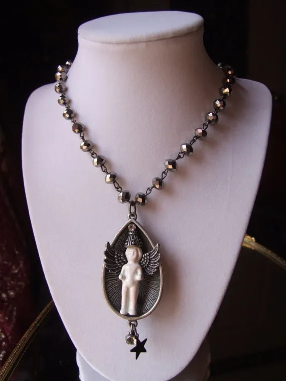 Victorian Porcelain Angel Spoon Statement Necklace / Antique Style Porcelain Frozen Charlotte Doll Pendant / Folk Art Necklace / Steampunk! by MajesticMenagerie steampunk buy now online