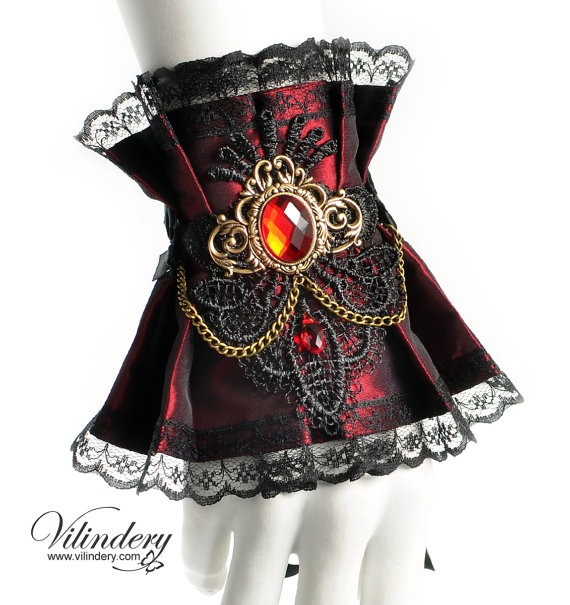 Red Victorian fantasy cuff - Fire bracelet with cameo and red glass crystals, Elegant Vampire fashion, Fairy cosplay, Romantic Lolita design by Vilindery steampunk buy now online