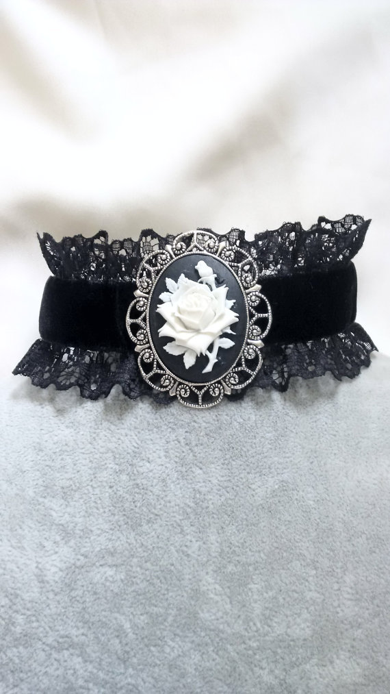 Necklace - Choker - Cameo - Rose Choker - Rose Cameo Necklace - Velvet Choker - Victorian Gothic Choker by BohemienneLily steampunk buy now online
