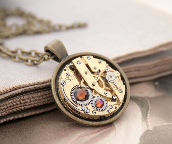 Steampunk Statement Necklace/ Gold Necklace/ Gents Watch Pendant Necklace/ Steampunk Unisex Jewelry/ Christmas Gifts for Rocker by KfiatekGiftedHands steampunk buy now online