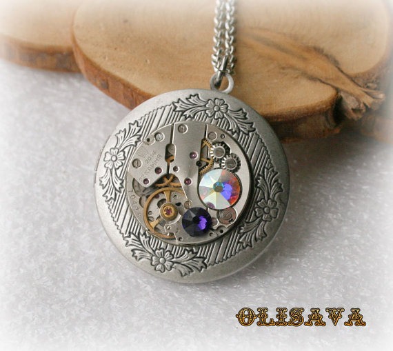 Steampunk Book pendant / locket / Antique Silver Plated Brass round Locket Pendant purple , Crystal Aurore Boreale AB Swarovski crystal by Olisava steampunk buy now online