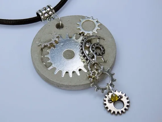 Necklace gears steampunk concrete jewelry on a black leather strap unique concrete with silver gear vintage concrete jewelry gear by ArtJewelryFun steampunk buy now online
